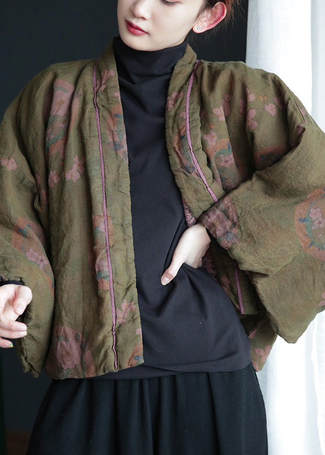 Stylish Green V Neck Print Button Warm Fleece Linen Parka Winter - Down Jackets - DYAVOR®