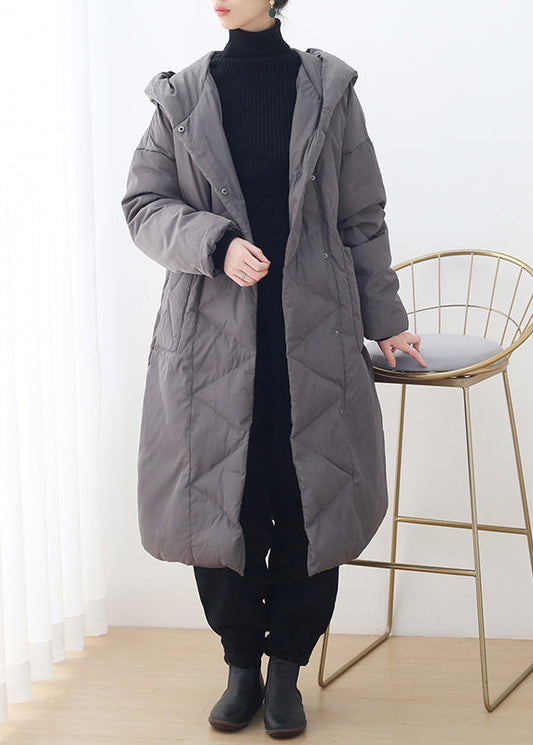 Stylish Grey Zippered Button Duck Down Long Hooded Down Coats Winter - Down Jackets - DYAVOR®