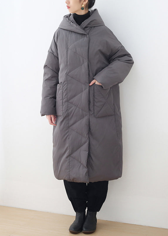 Stylish Grey Zippered Button Duck Down Long Hooded Down Coats Winter - Down Jackets - DYAVOR®