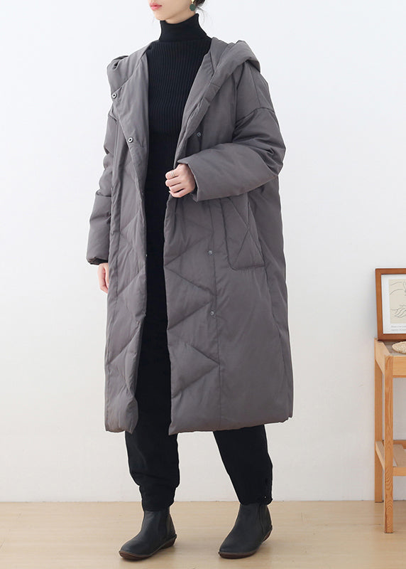 Stylish Grey Zippered Button Duck Down Long Hooded Down Coats Winter - Down Jackets - DYAVOR®