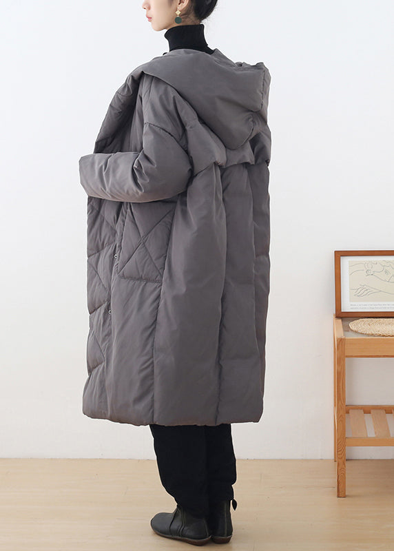 Stylish Grey Zippered Button Duck Down Long Hooded Down Coats Winter - Down Jackets - DYAVOR®