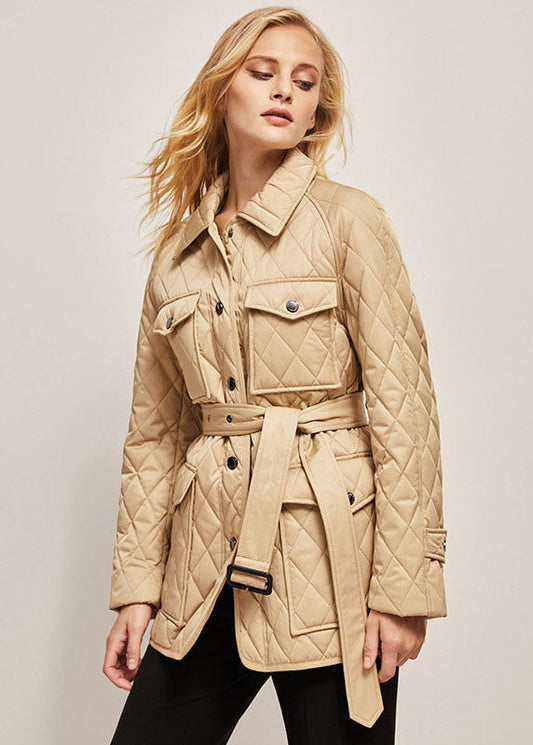 Stylish Khaki Peter Pan Collar Pockets Sashes Fine Cotton Filled Puffers Jackets Winter - Down Jackets - DYAVOR®