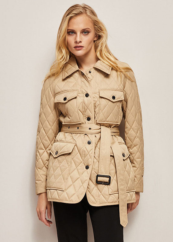 Stylish Khaki Peter Pan Collar Pockets Sashes Fine Cotton Filled Puffers Jackets Winter - Down Jackets - DYAVOR®