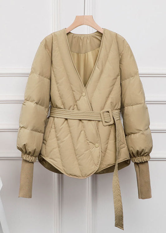 Stylish Khaki V Neck Sashes Duck Down Cinch Coat Winter - Down Jackets - DYAVOR®