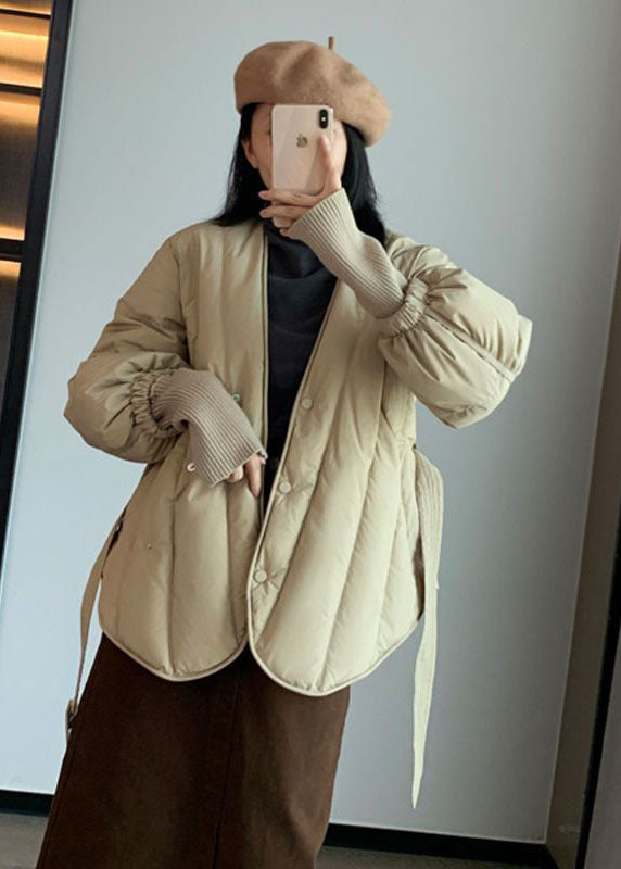 Stylish Khaki V Neck Sashes Duck Down Cinch Coat Winter - Down Jackets - DYAVOR®