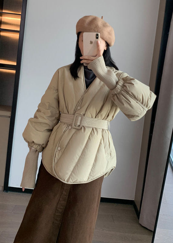 Stylish Khaki V Neck Sashes Duck Down Cinch Coat Winter - Down Jackets - DYAVOR®