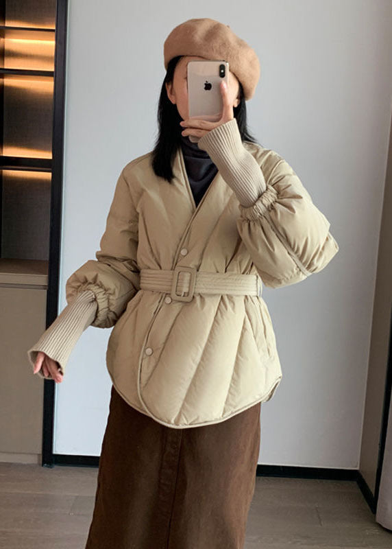 Stylish Khaki V Neck Sashes Duck Down Cinch Coat Winter - Down Jackets - DYAVOR®