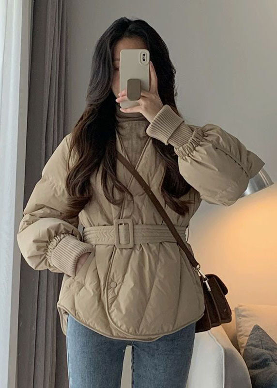 Stylish Khaki V Neck Sashes Duck Down Cinch Coat Winter - Down Jackets - DYAVOR®