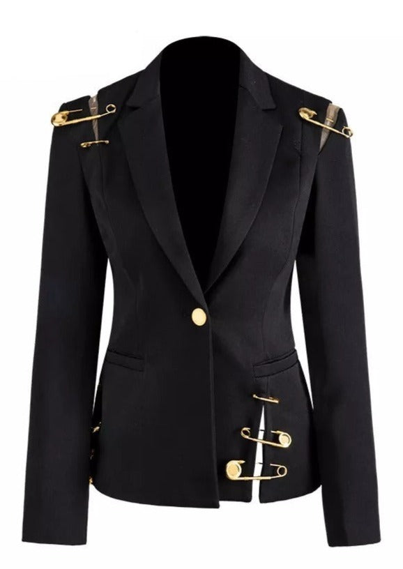Black Blazer With Golden Safety Pin Trims - - DYAVOR®