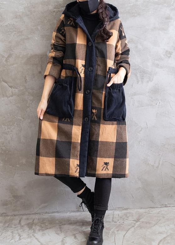 Oversize Coats Yellow Plaid Hooded Drawstring parkas Coats - Trench coats - DYAVOR®