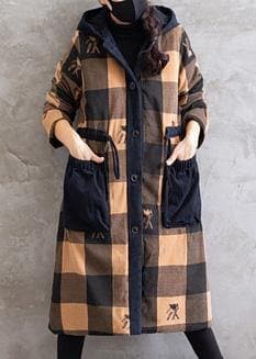Oversize Coats Yellow Plaid Hooded Drawstring parkas Coats - Trench coats - DYAVOR®
