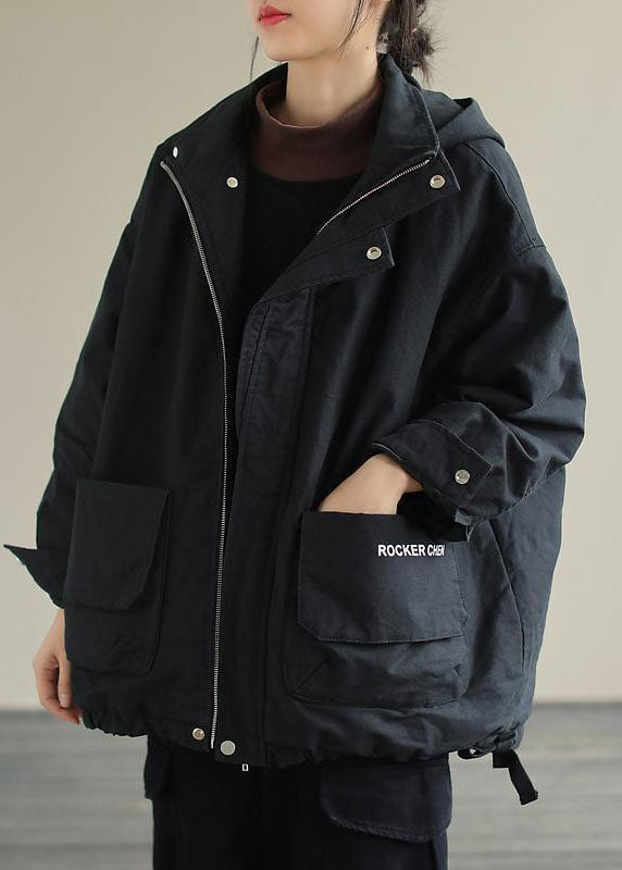 Unique Black Hooded Pockets Winter Cotton Coat Long sleeve - Down Jackets - DYAVOR®