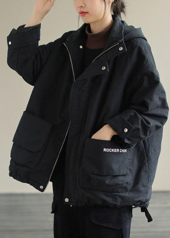 Unique Black Hooded Pockets Winter Cotton Coat Long sleeve - Down Jackets - DYAVOR®