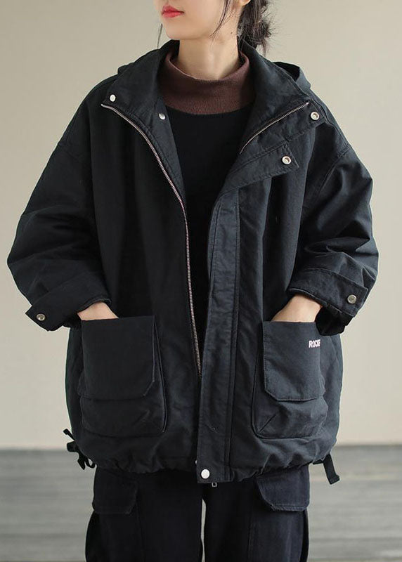 Unique Black Hooded Pockets Winter Cotton Coat Long sleeve - Down Jackets - DYAVOR®