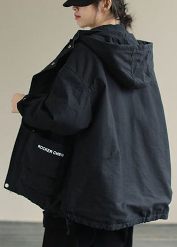 Unique Black Hooded Pockets Winter Cotton Coat Long sleeve - Down Jackets - DYAVOR®