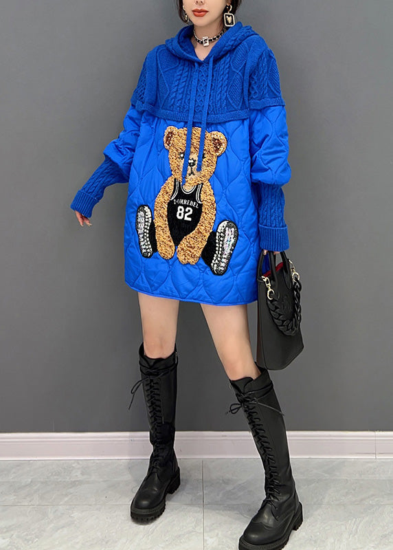 Unique Blue Little Bear Patchwork Drawstring Hooded Knit Parka Winter - Down Jackets - DYAVOR®