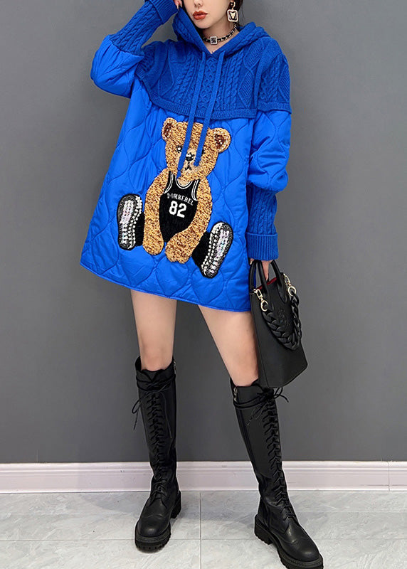 Unique Blue Little Bear Patchwork Drawstring Hooded Knit Parka Winter - Down Jackets - DYAVOR®