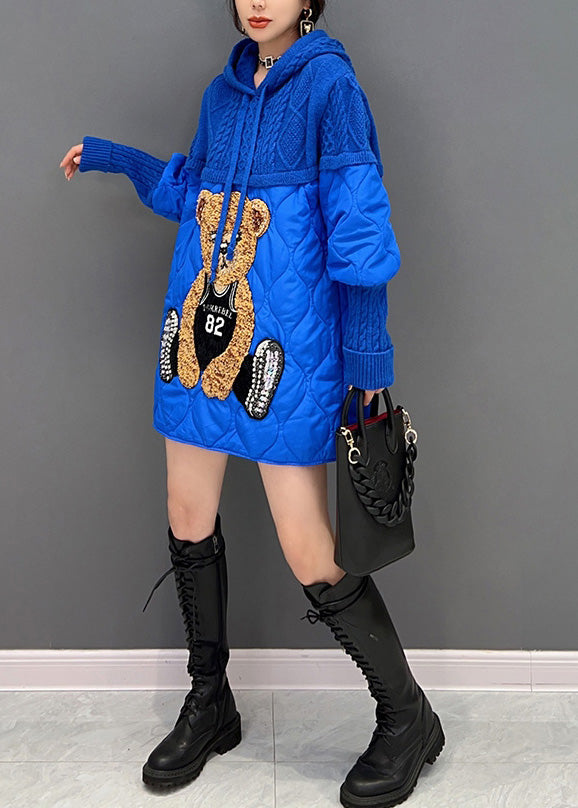 Unique Blue Little Bear Patchwork Drawstring Hooded Knit Parka Winter - Down Jackets - DYAVOR®