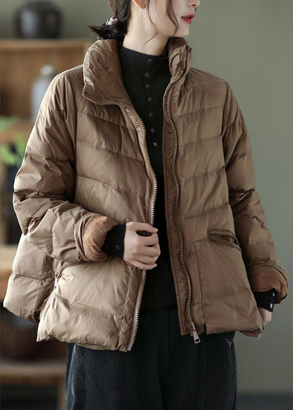 Unique Khaki Stand Collar Pockets fashion Winter Down Coats - Down Jackets - DYAVOR®