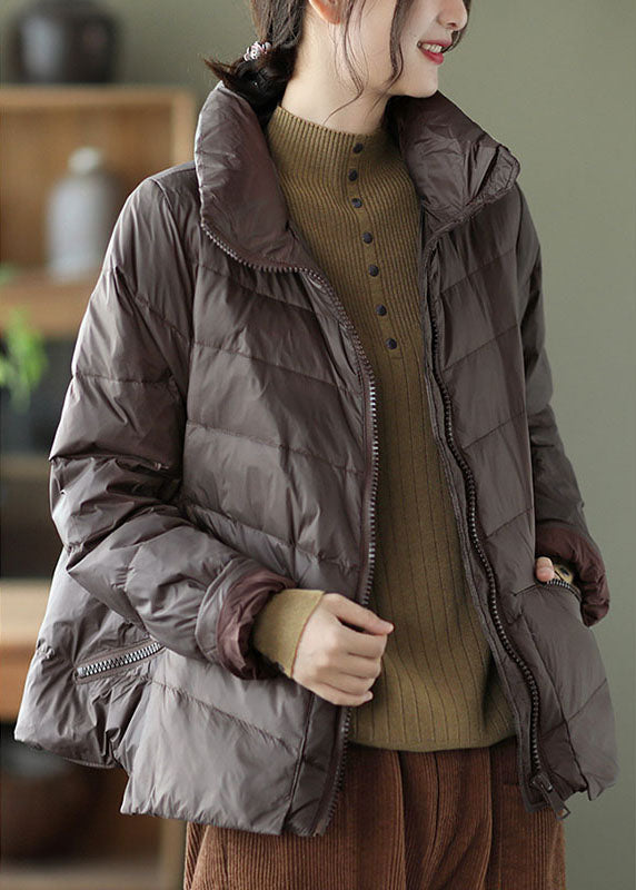 Unique Khaki Stand Collar Pockets fashion Winter Down Coats - Down Jackets - DYAVOR®