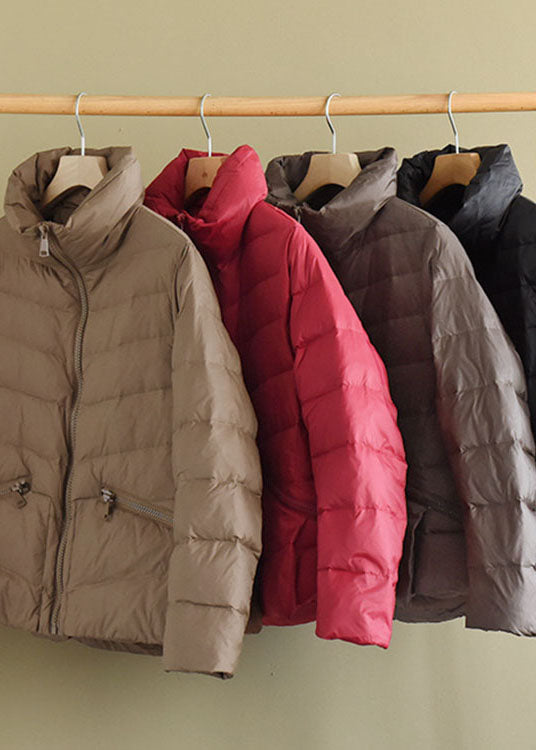 Unique Khaki Stand Collar Pockets fashion Winter Down Coats - Down Jackets - DYAVOR®