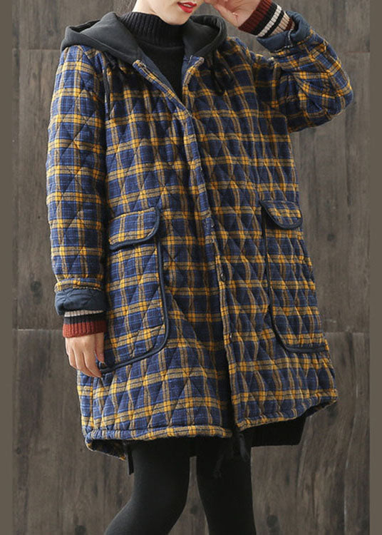 Unique Yellow Hooded Plaid Pockets Cotton Parkas Winter - Down Jackets - DYAVOR®