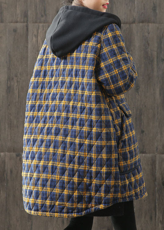 Unique Yellow Hooded Plaid Pockets Cotton Parkas Winter - Down Jackets - DYAVOR®