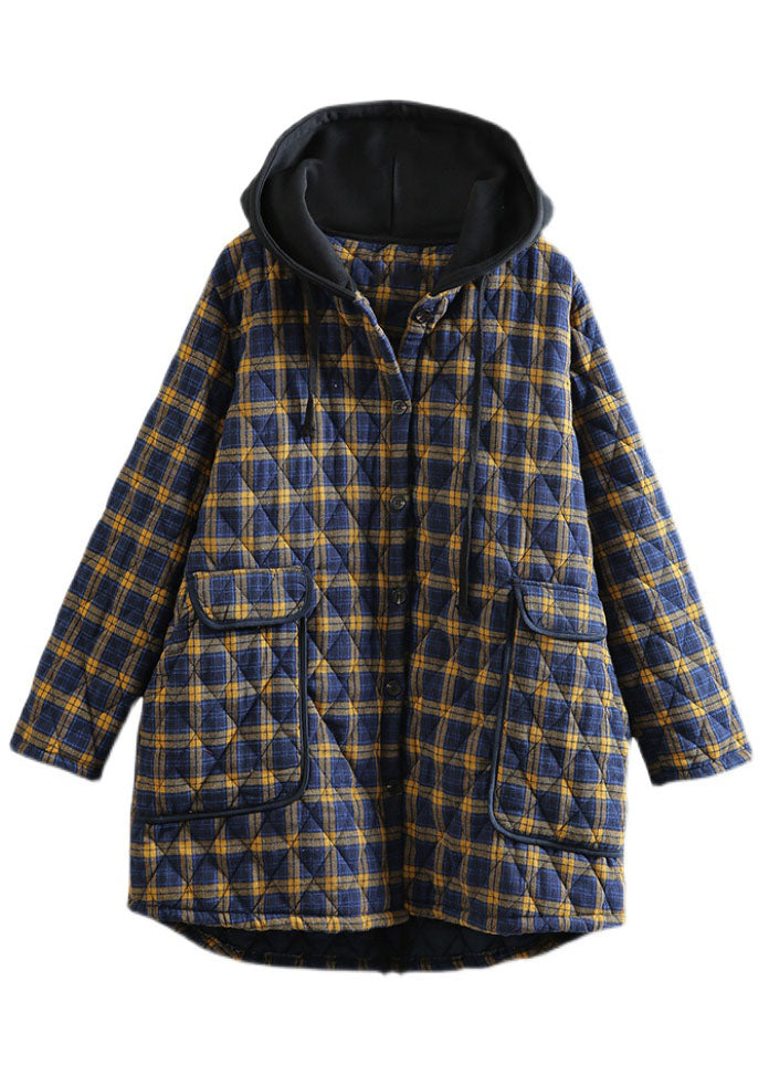 Unique Yellow Hooded Plaid Pockets Cotton Parkas Winter - Down Jackets - DYAVOR®