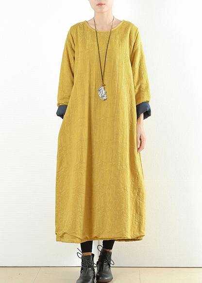 Unique yellow cotton clothes Women thick warm Maxi o neck Dresses - - DYAVOR®