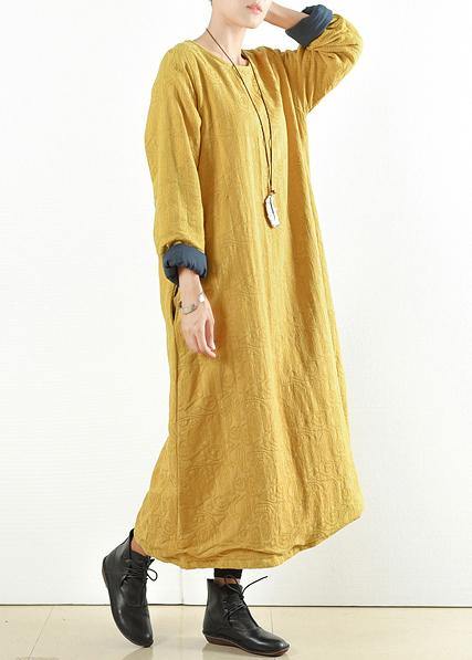 Unique yellow cotton clothes Women thick warm Maxi o neck Dresses - - DYAVOR®