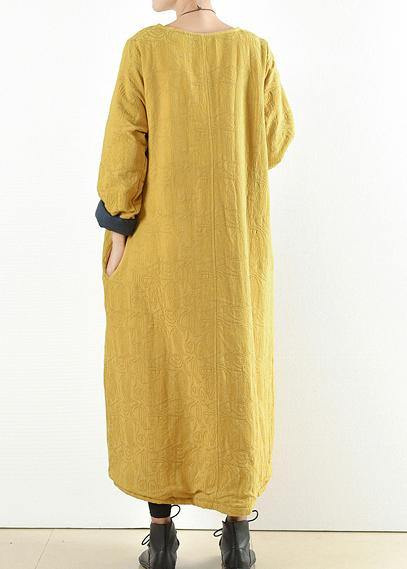 Unique yellow cotton clothes Women thick warm Maxi o neck Dresses - - DYAVOR®