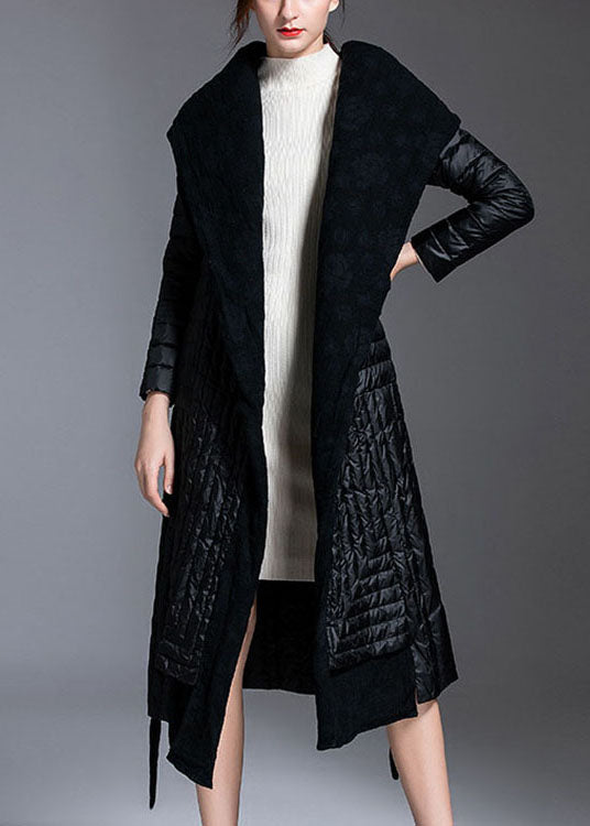 Vintage Black Patchwork tie waist Winter Down Coat - Down Jackets - DYAVOR®
