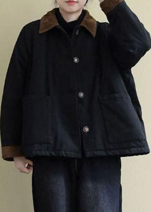 Vintage Black Peter Pan Collar Pockets Fine Cotton Filled Coats Winter - Down Jackets - DYAVOR®