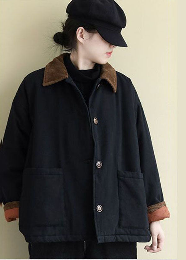 Vintage Black Peter Pan Collar Pockets Fine Cotton Filled Coats Winter - Down Jackets - DYAVOR®