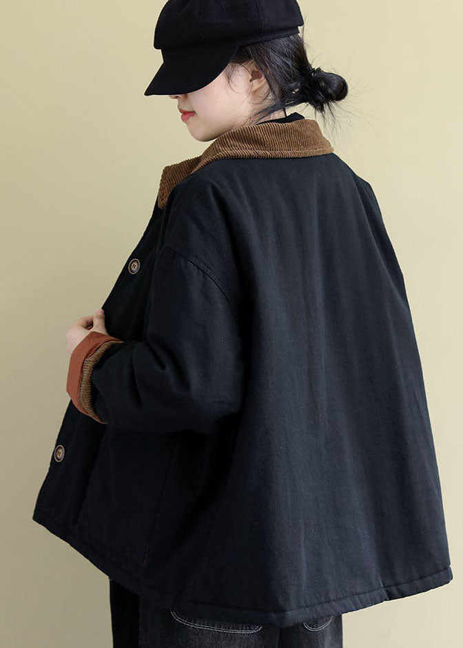 Vintage Black Peter Pan Collar Pockets Fine Cotton Filled Coats Winter - Down Jackets - DYAVOR®