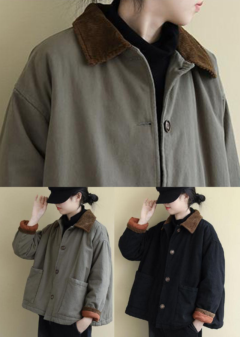 Vintage Black Peter Pan Collar Pockets Fine Cotton Filled Coats Winter - Down Jackets - DYAVOR®