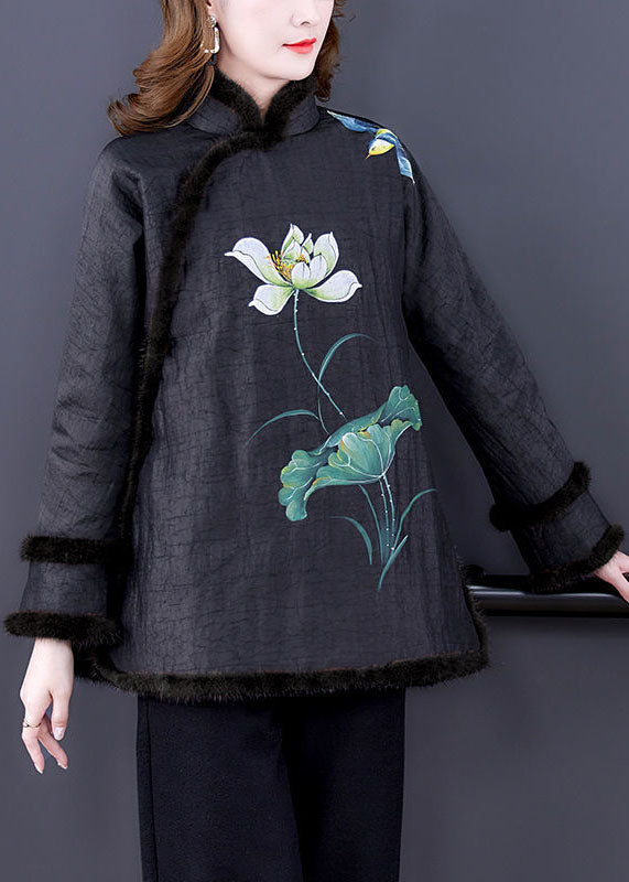Vintage Black Print Fur Collar Fine Cotton Filled Warm Coats Winter - Down Jackets - DYAVOR®