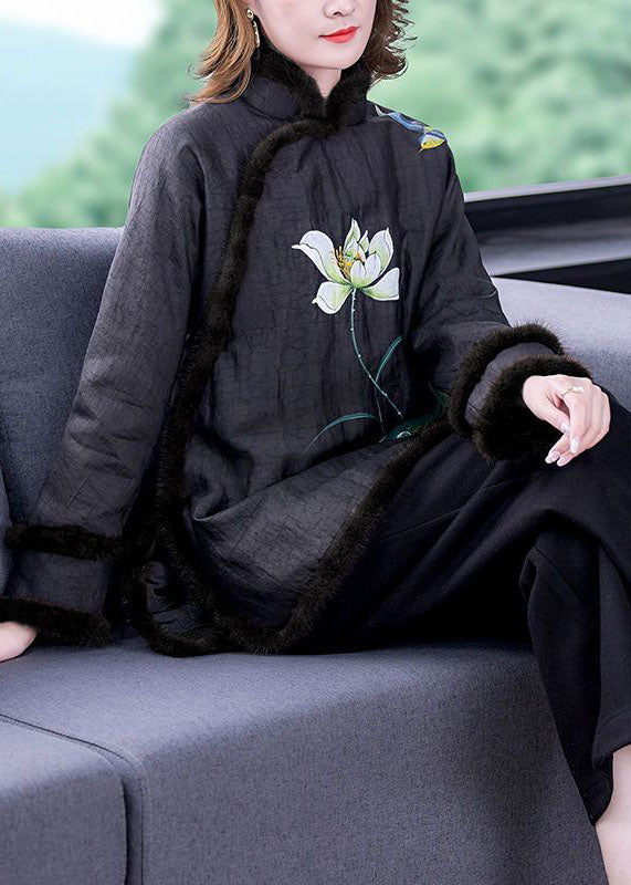 Vintage Black Print Fur Collar Fine Cotton Filled Warm Coats Winter - Down Jackets - DYAVOR®