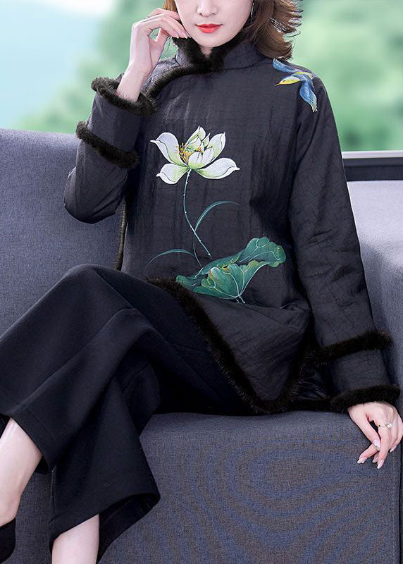 Vintage Black Print Fur Collar Fine Cotton Filled Warm Coats Winter - Down Jackets - DYAVOR®