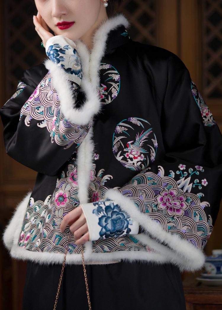 Vintage Black Stand Collar Embroideried Floral Silk Thick Parka Long Sleeve - Down Jackets - DYAVOR®