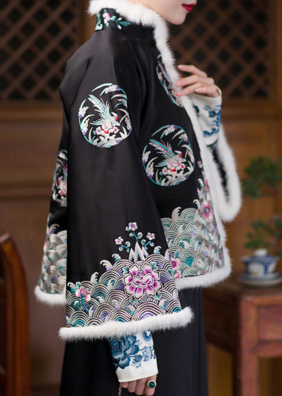 Vintage Black Stand Collar Embroideried Floral Silk Thick Parka Long Sleeve - Down Jackets - DYAVOR®