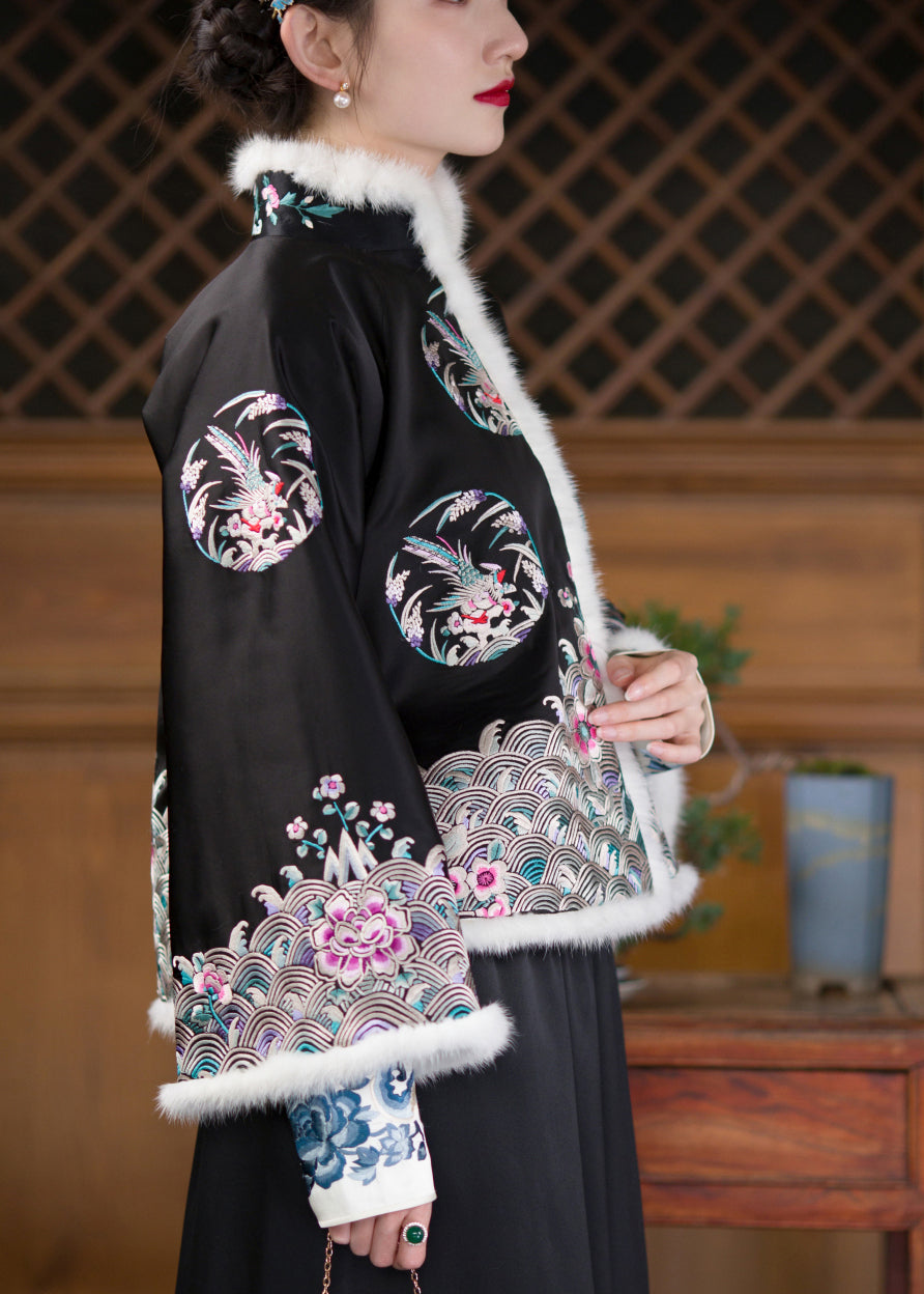 Vintage Black Stand Collar Embroideried Floral Silk Thick Parka Long Sleeve - Down Jackets - DYAVOR®