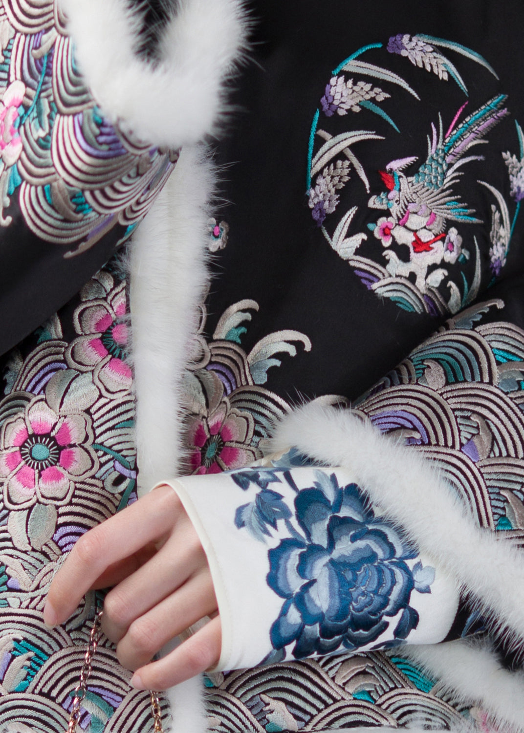 Vintage Black Stand Collar Embroideried Floral Silk Thick Parka Long Sleeve - Down Jackets - DYAVOR®