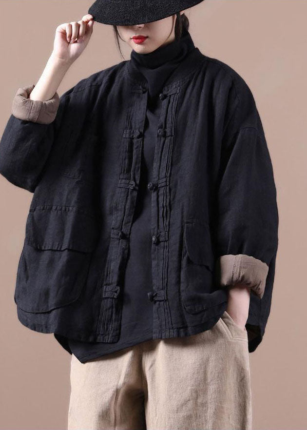 Vintage Black Fine Linen Jacket Cotton Filled Coat Winter - Down Jackets - DYAVOR®