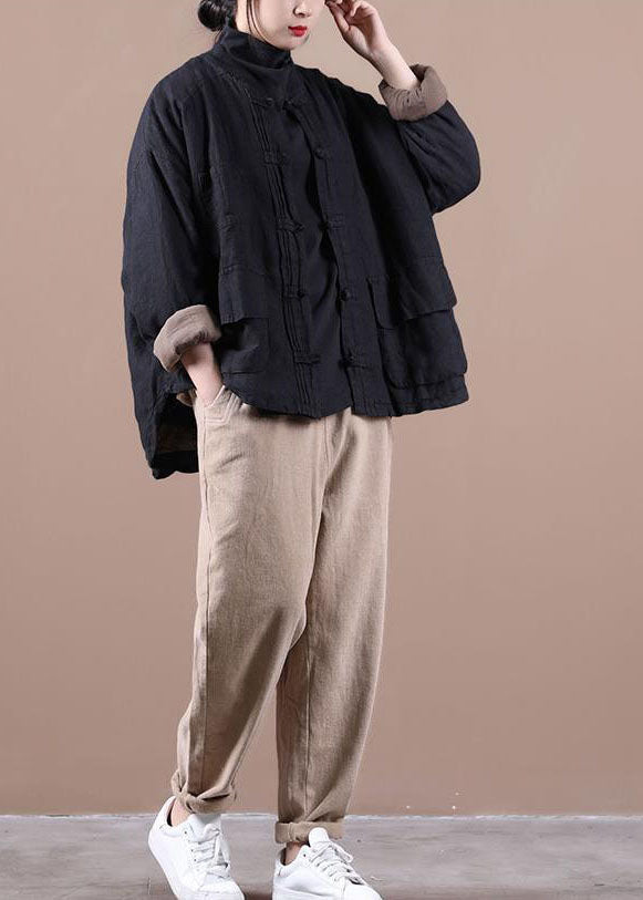 Vintage Black Fine Linen Jacket Cotton Filled Coat Winter - Down Jackets - DYAVOR®