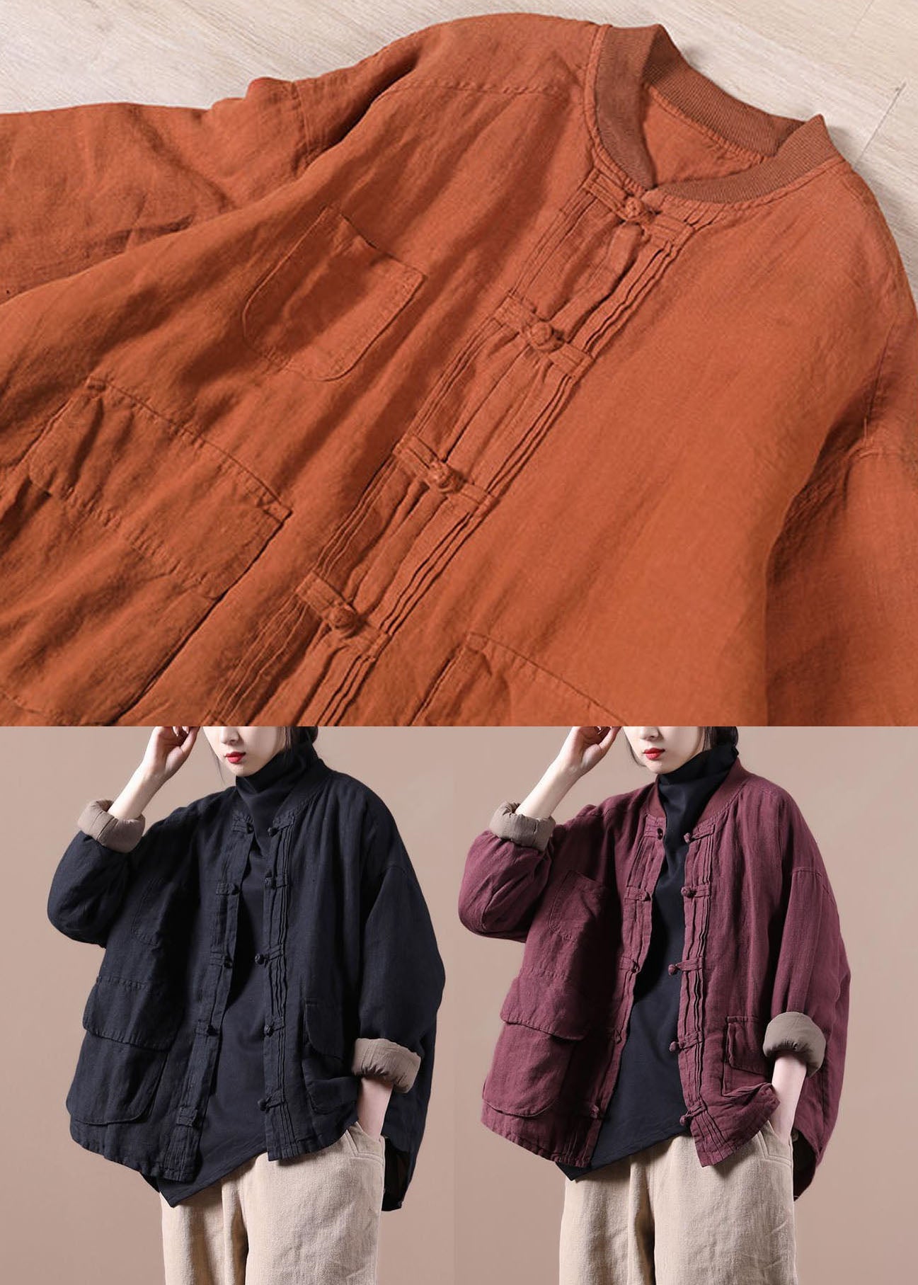 Vintage Black Fine Linen Jacket Cotton Filled Coat Winter - Down Jackets - DYAVOR®