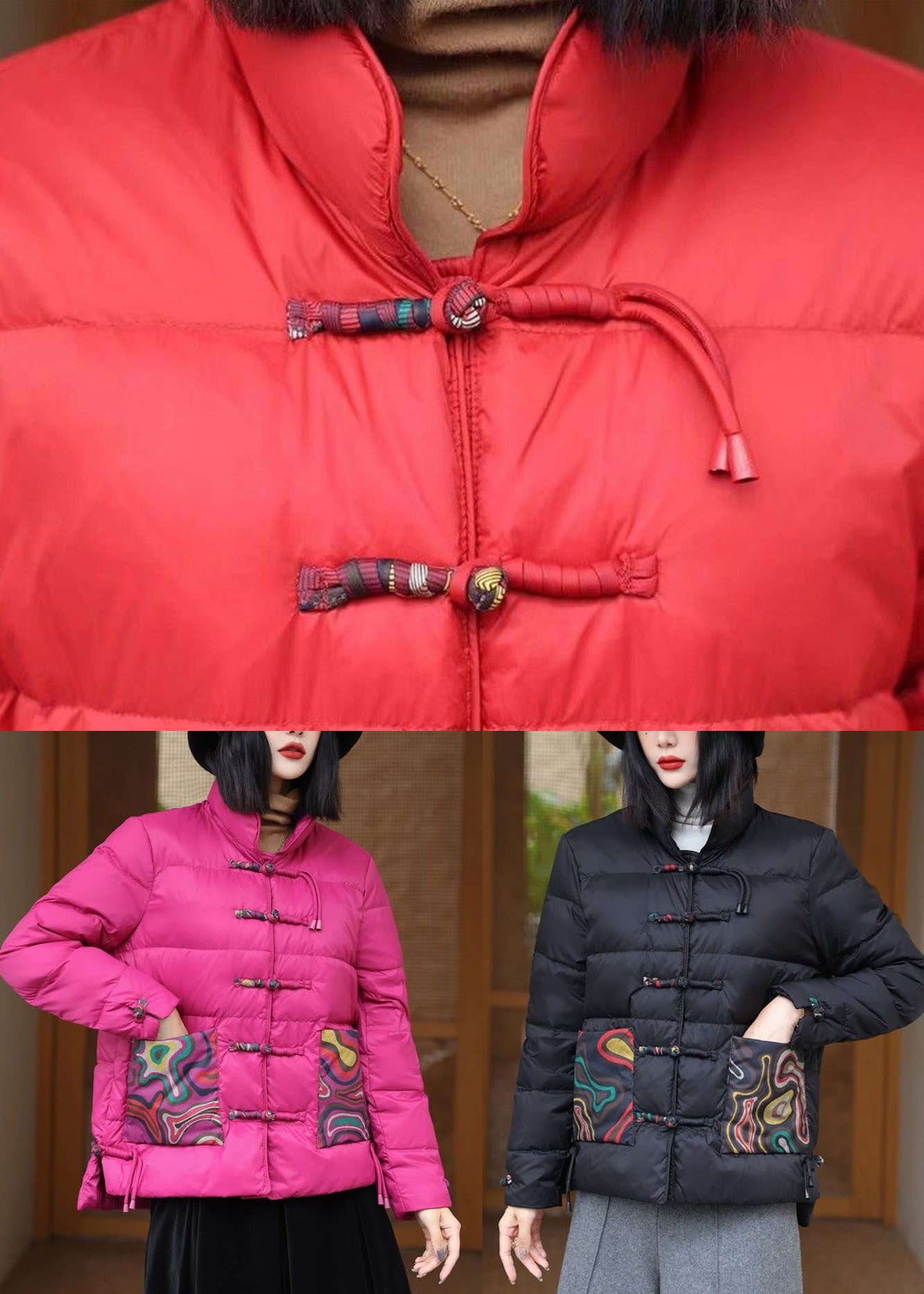Vintage Black Stand Collar Pockets Print Duck Down Canada Goose Jacket Winter - Down Jackets - DYAVOR®