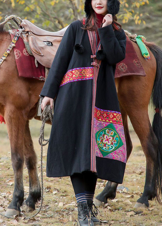 Vintage Black V Neck Embroideried Patchwork Applique Fine Cotton Filled Long Coats Winter - Down Jackets - DYAVOR®