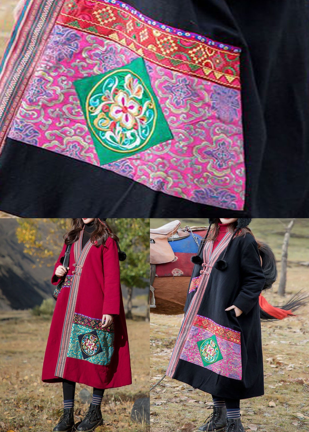 Vintage Black V Neck Embroideried Patchwork Applique Fine Cotton Filled Long Coats Winter - Down Jackets - DYAVOR®