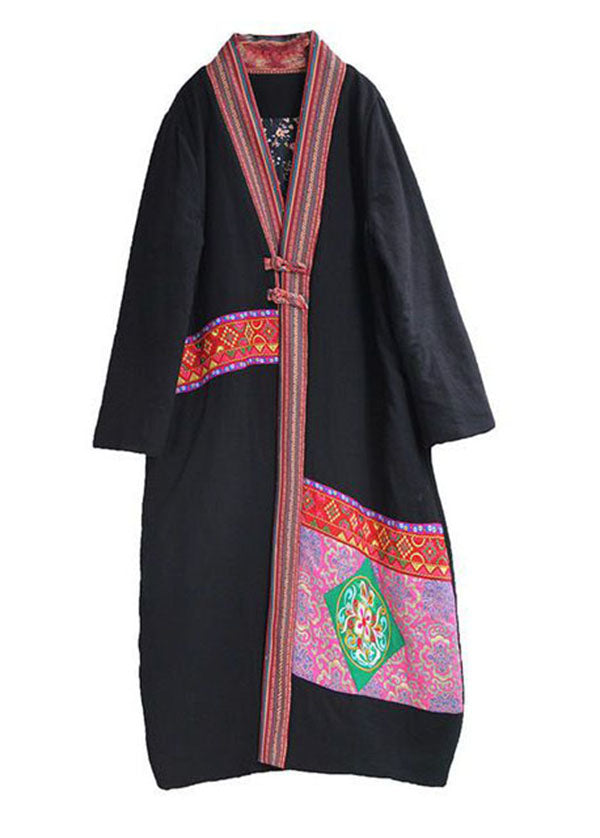 Vintage Black V Neck Embroideried Patchwork Applique Fine Cotton Filled Long Coats Winter - Down Jackets - DYAVOR®
